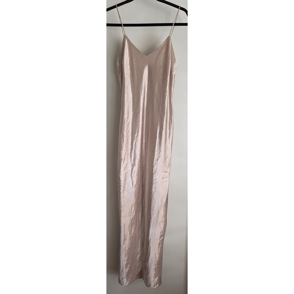 LC Lauren Conrad Maxi Slip Dress S Champagne Satin Lace V-Neck Solid Gown